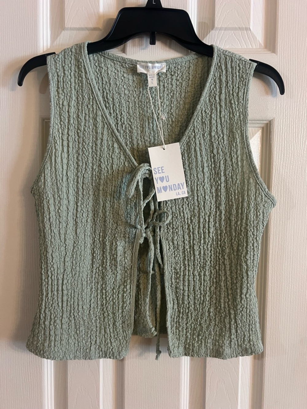 See You Monday Sage Green Textured Tie-Front Sleeveless Top